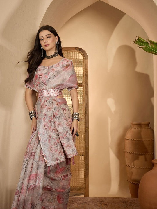 Off-White Pastel Pink & Grey Floral Digital Print Linen Cotton Saree