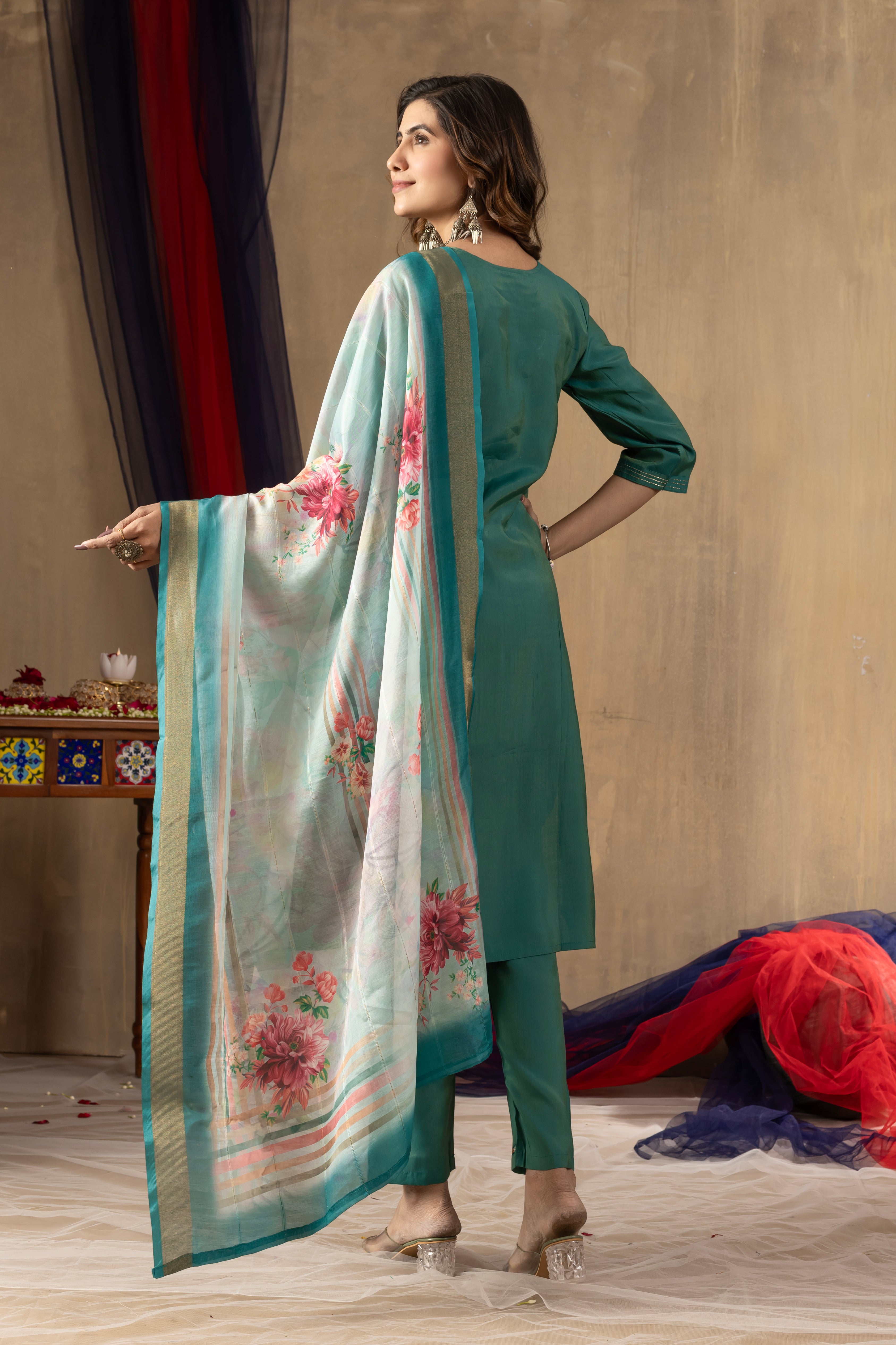 Shimmer Gold Silk Embroidered Kurti Pant Dupatta Set – 3 Piece Ethnic Suit