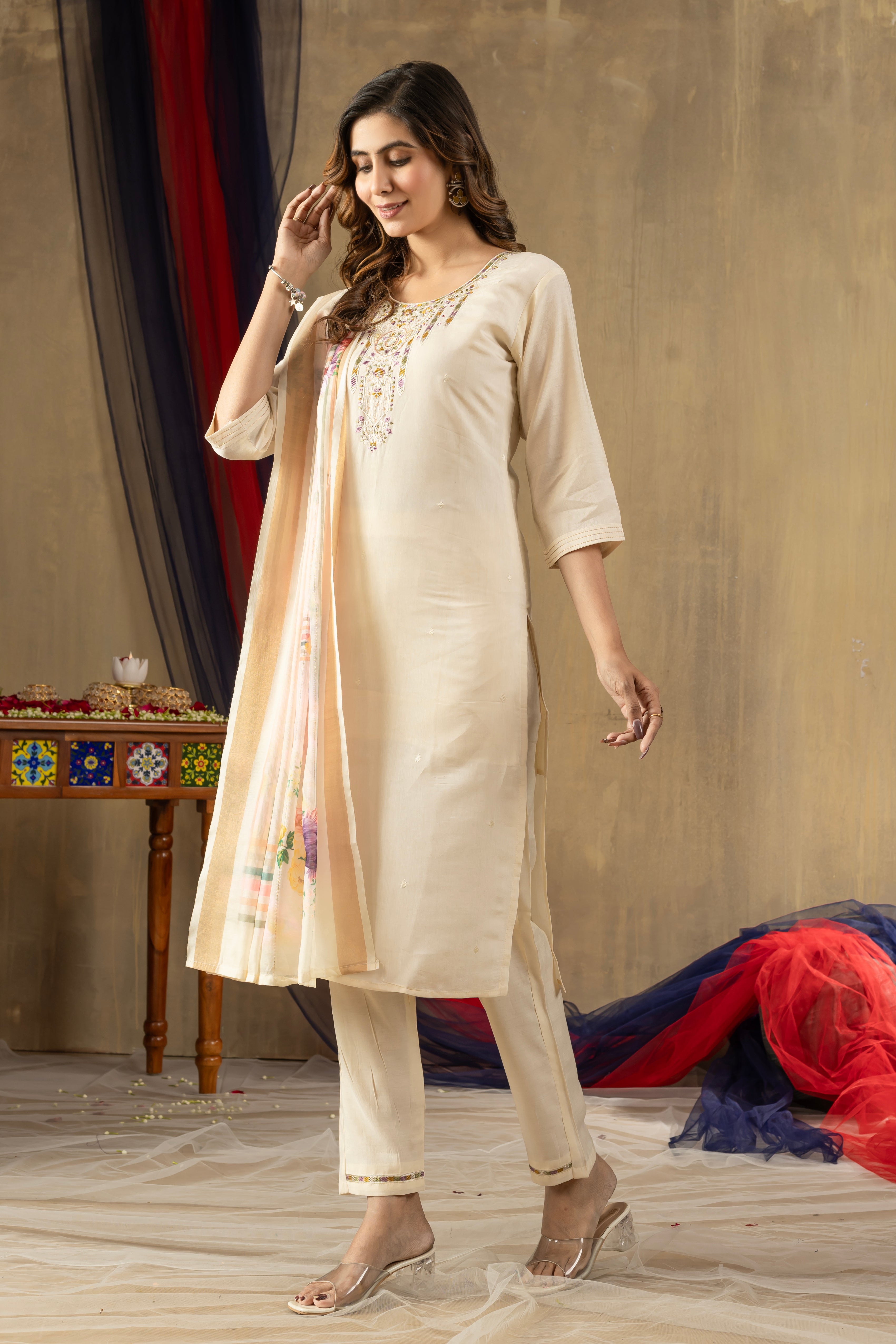 Shimmer Gold Silk Embroidered Kurti Pant Dupatta Set – 3 Piece Ethnic Suit