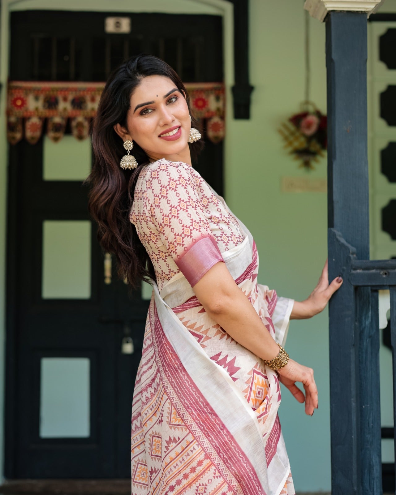 Off-White Linen Cotton Saree with Maroon Ikat Geometric Print, Silver Zari Border & Designer Blouse Piece