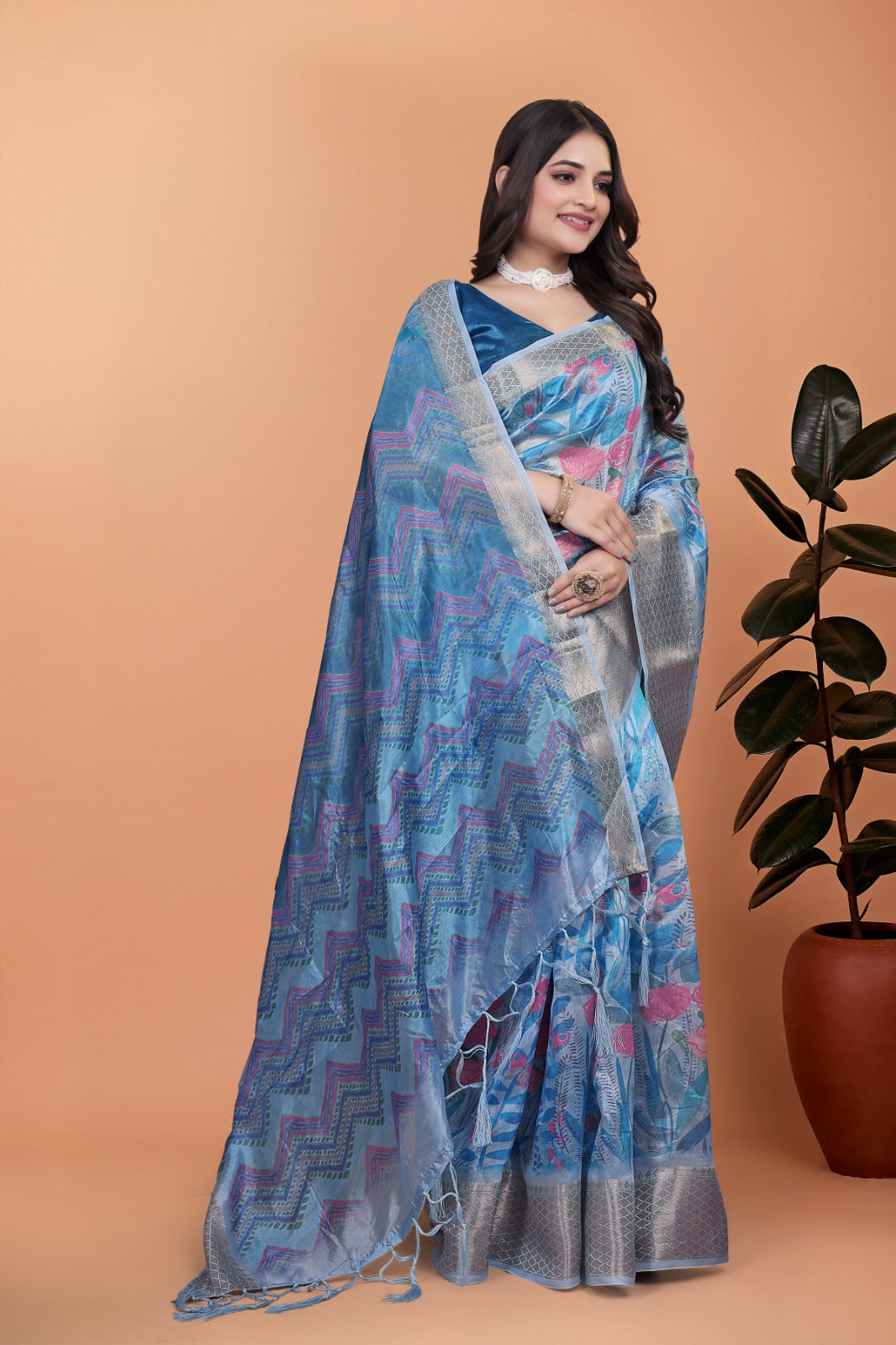 Sky Blue Floral Printed Soft Silk Saree with Zari Border and Chevron Pallu