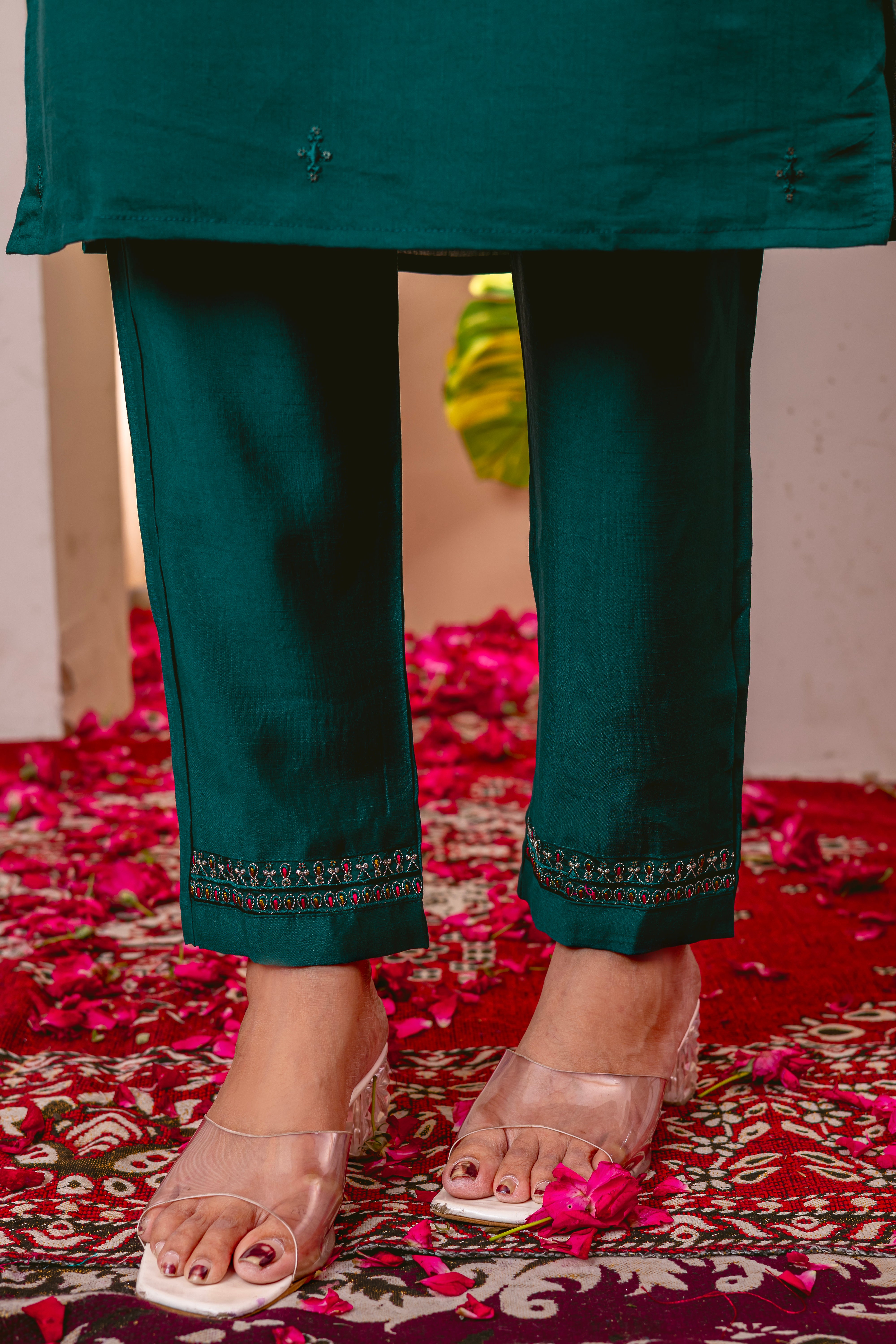 Embroidered Straight Kurti Pant Dupatta Set in Marina Viscose Silk – 3 Piece Ethnic Suit