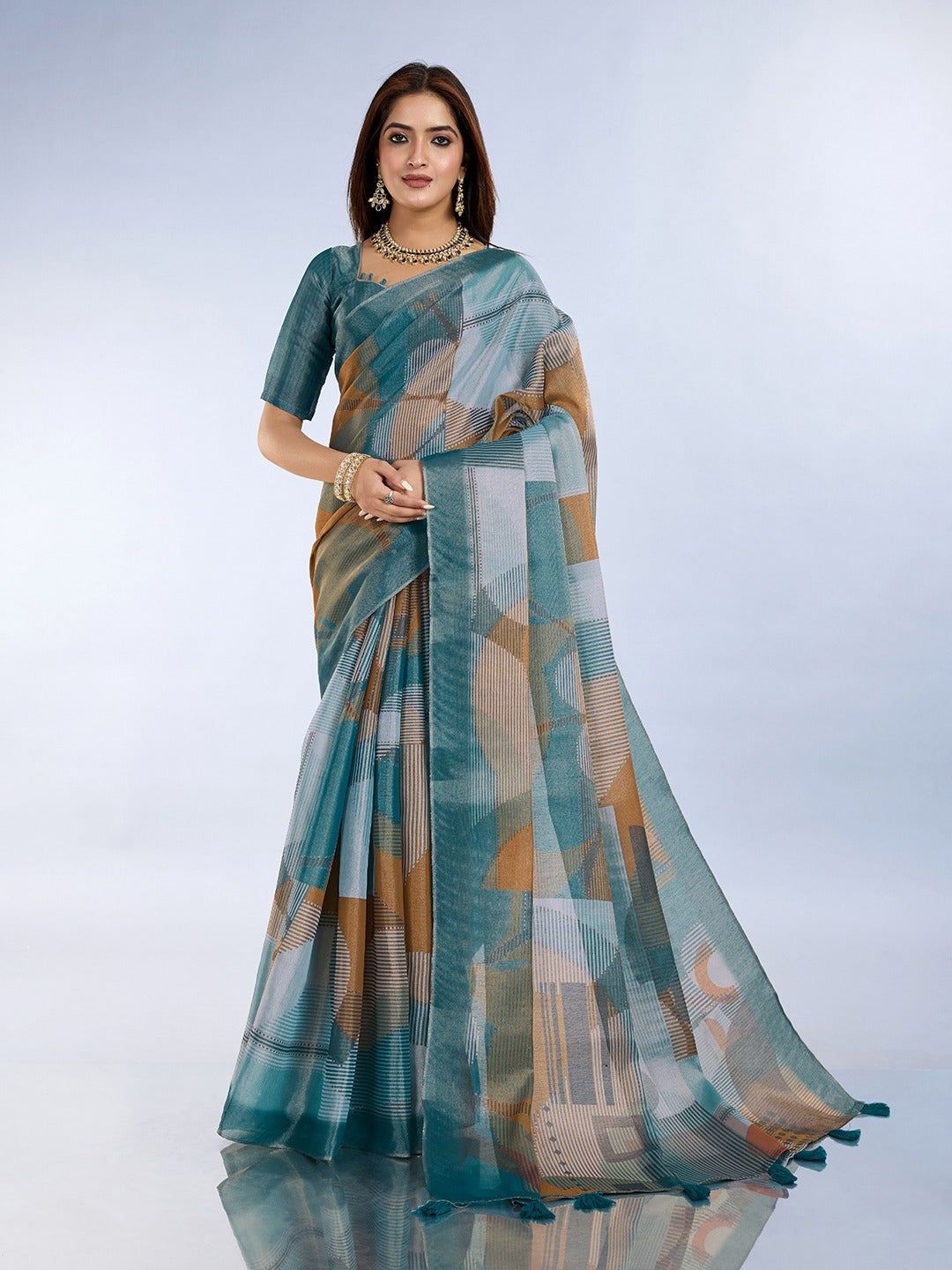 Teal Geometric Printed Erode Anmol Silk Saree with Tassel Pallu