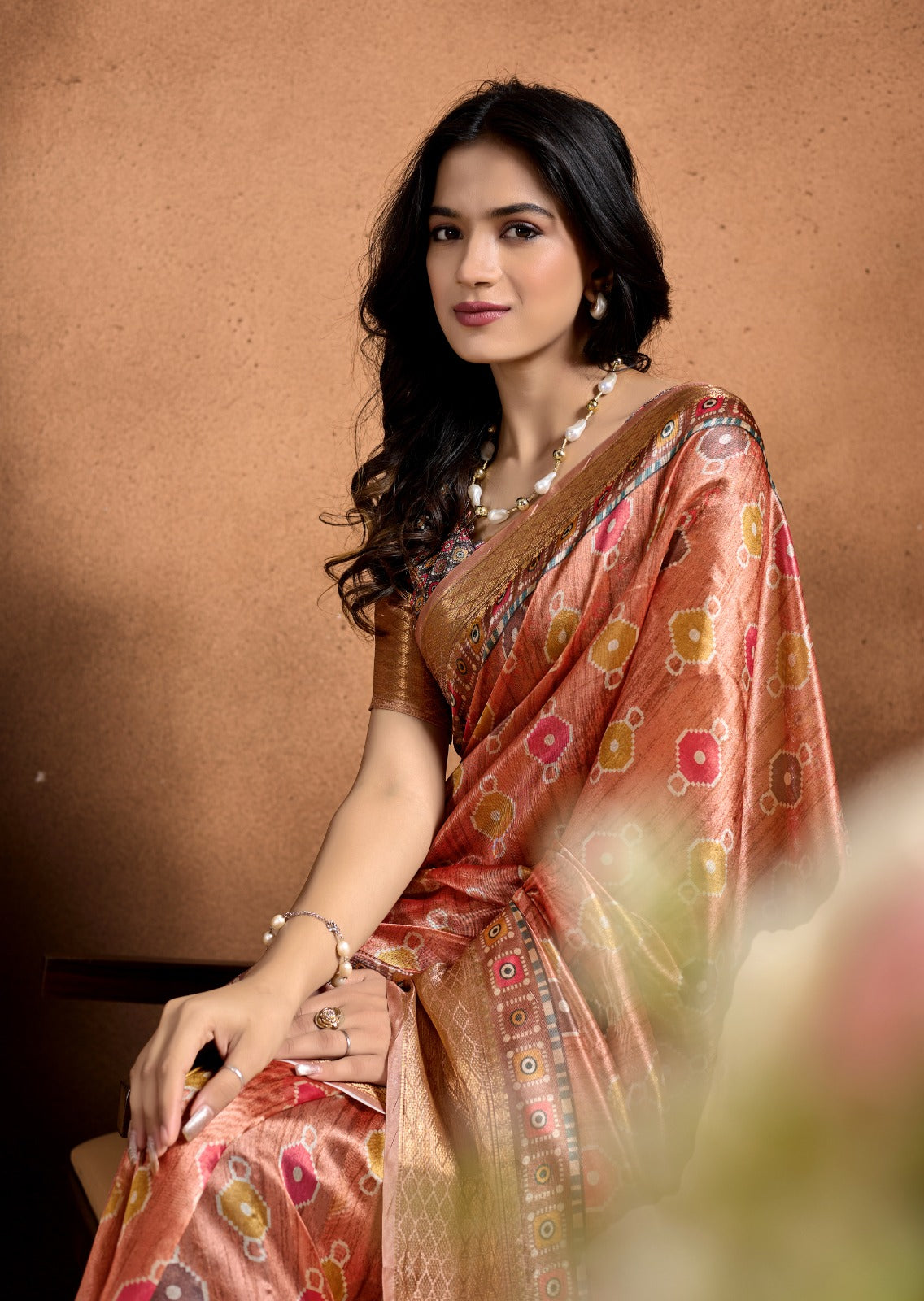 Copper-Rose Soft Silk Saree with Patola-Inspired Geometric Pallu & Antique Gold Zari Border