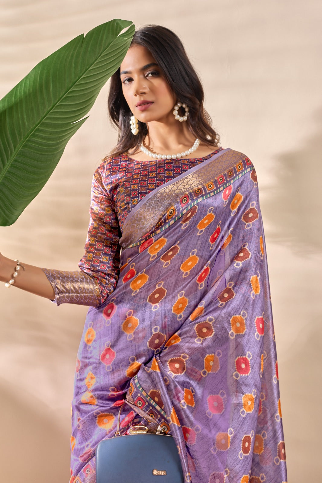 Patola-Inspired Purple Soft Silk Saree with Geometric & Floral Motifs, Golden Zari Border & Designer Blouse Piece