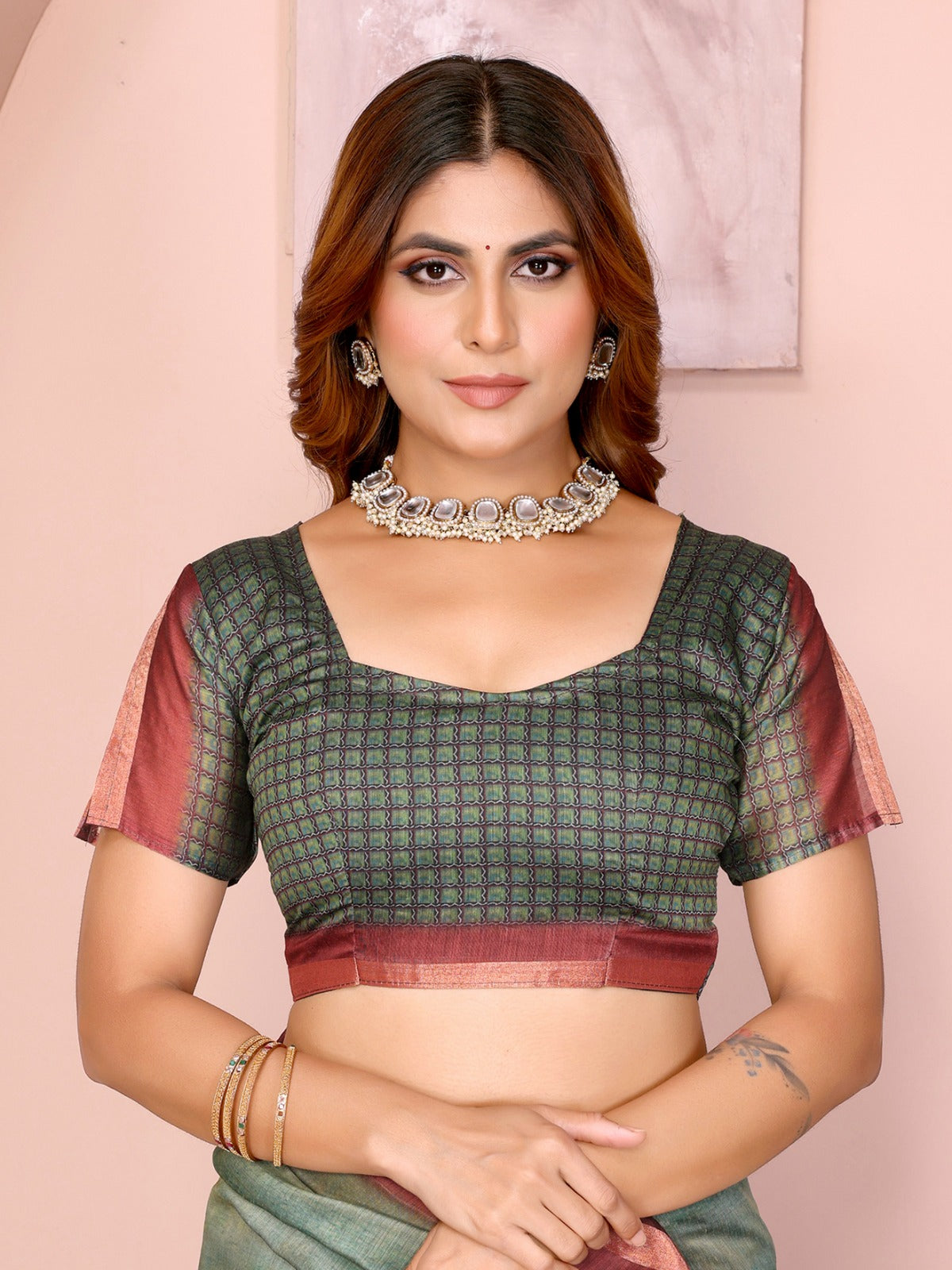 Green & Maroon Black Chanderi Saree with Tribal & Geometric Prints, Maroon Border & Designer Blouse Piece