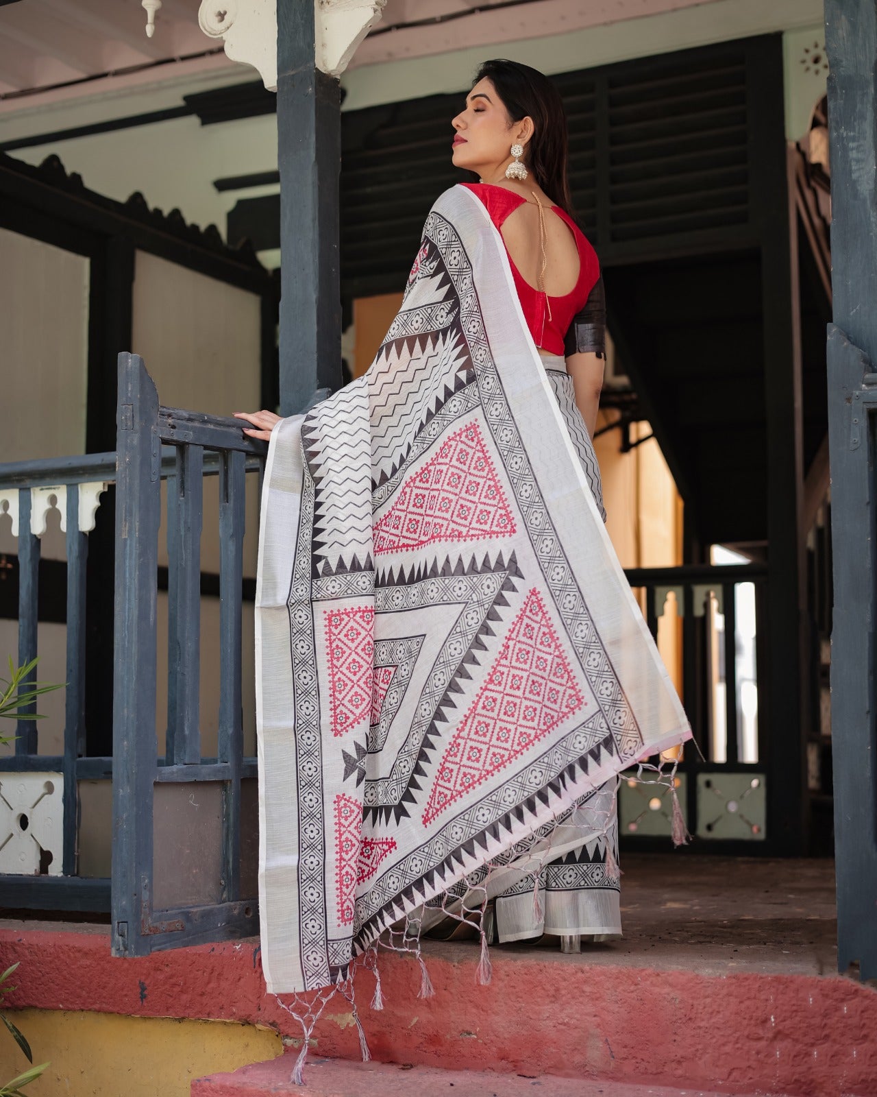 Off-White Linen Cotton Saree with Black Zigzag & Red Geometric Print, Silver Zari Border & Designer Blouse Piece