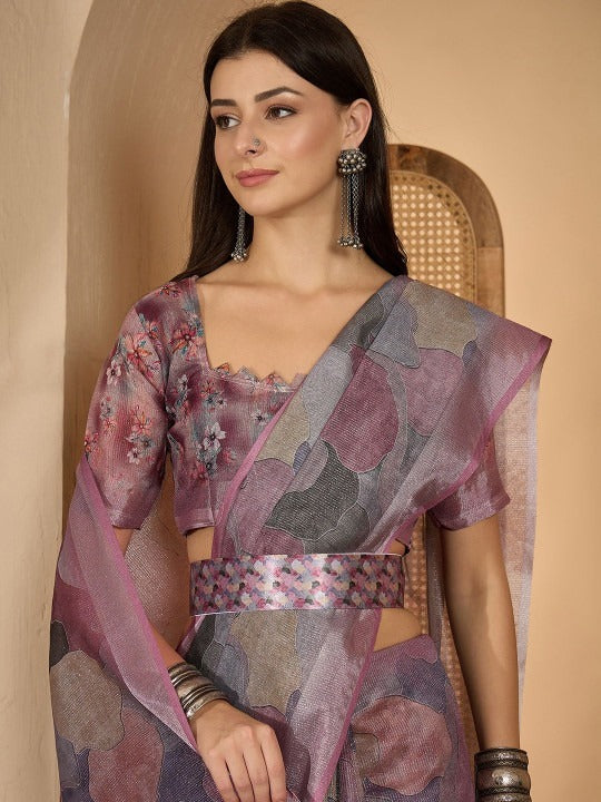 Lavender Leaf Digital Print Linen Cotton Saree