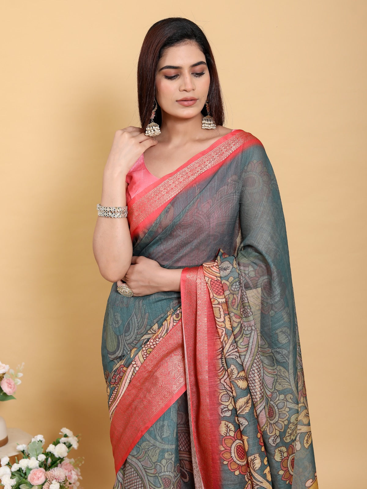 Elegant Peacock & Floral Kalamkari Design Linen Cotton Saree with Jacquard Border