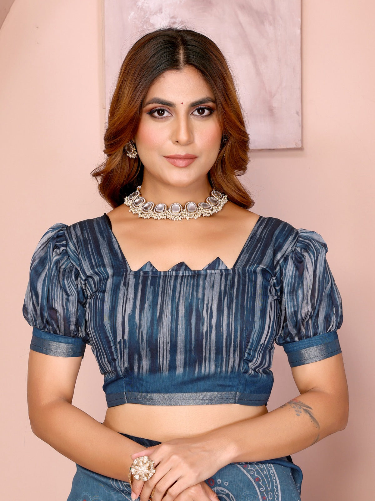 Blue Printed Black Chanderi Saree with Ethnic Digital Motifs, Contrast Pallu & Tassels