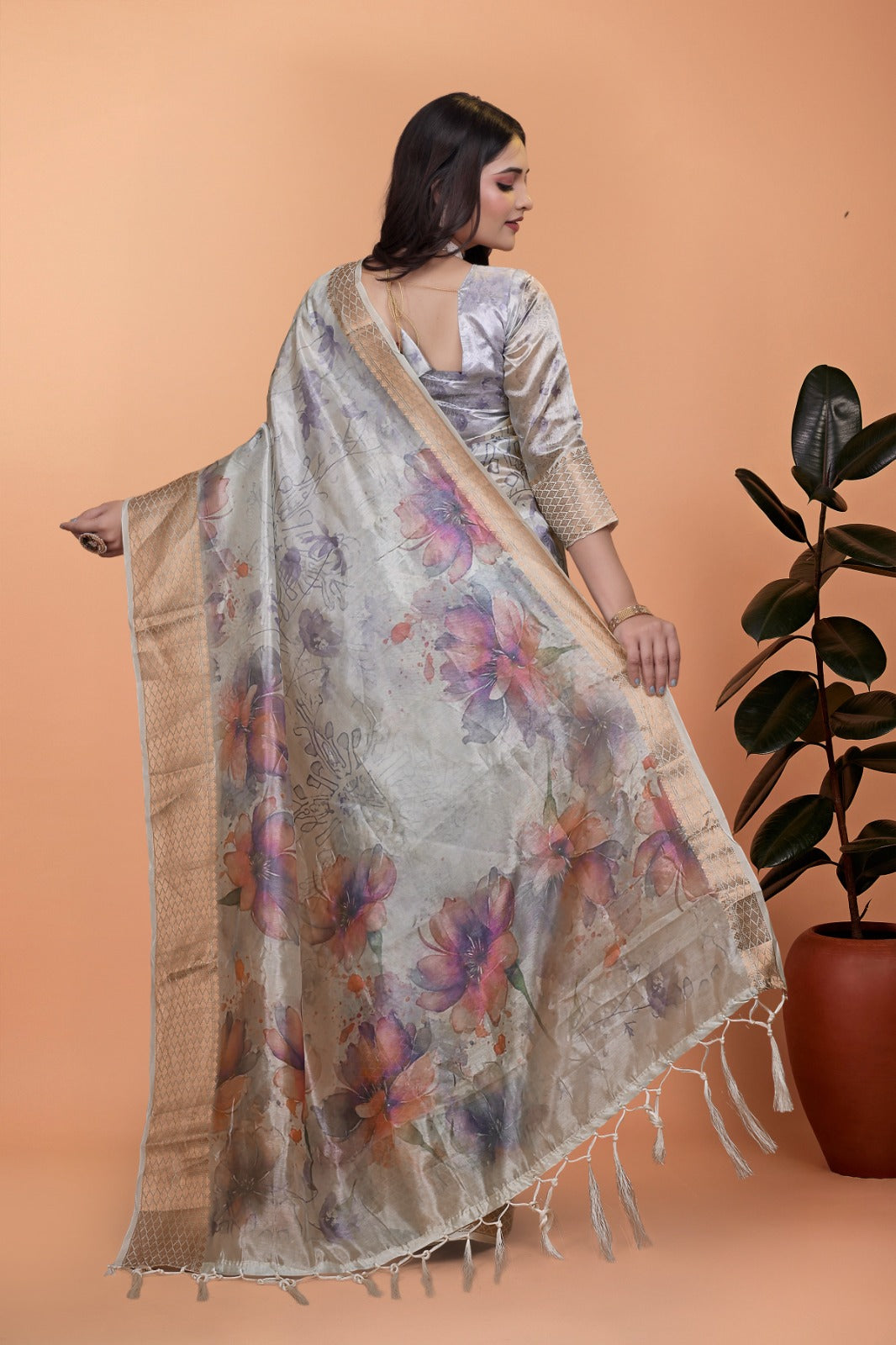 Elegant Beige Soft Silk Saree with Multicolor Floral Print & Golden Zari Border