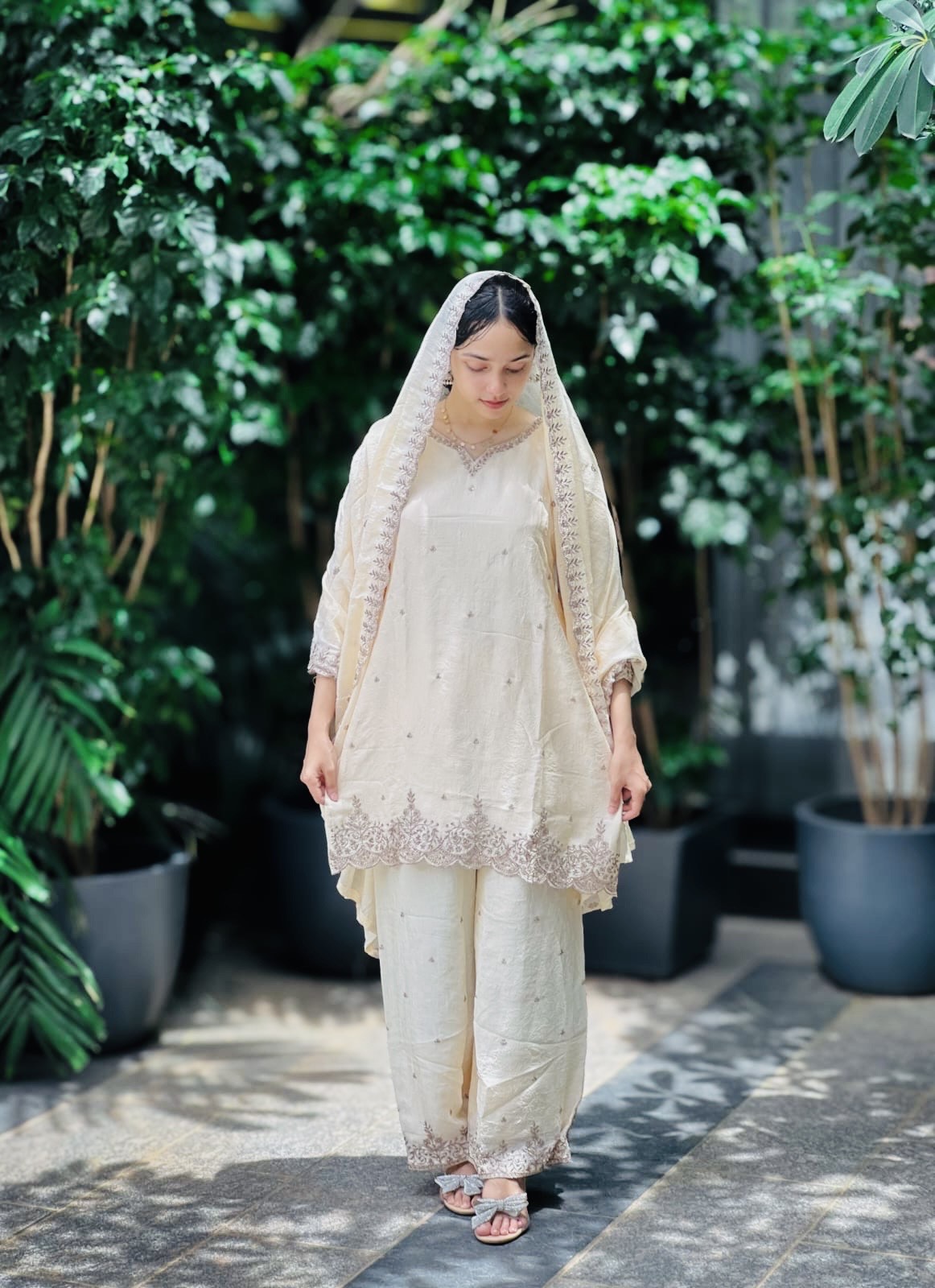 Sequence Embroidery Top with Palazzo & Dupatta Set