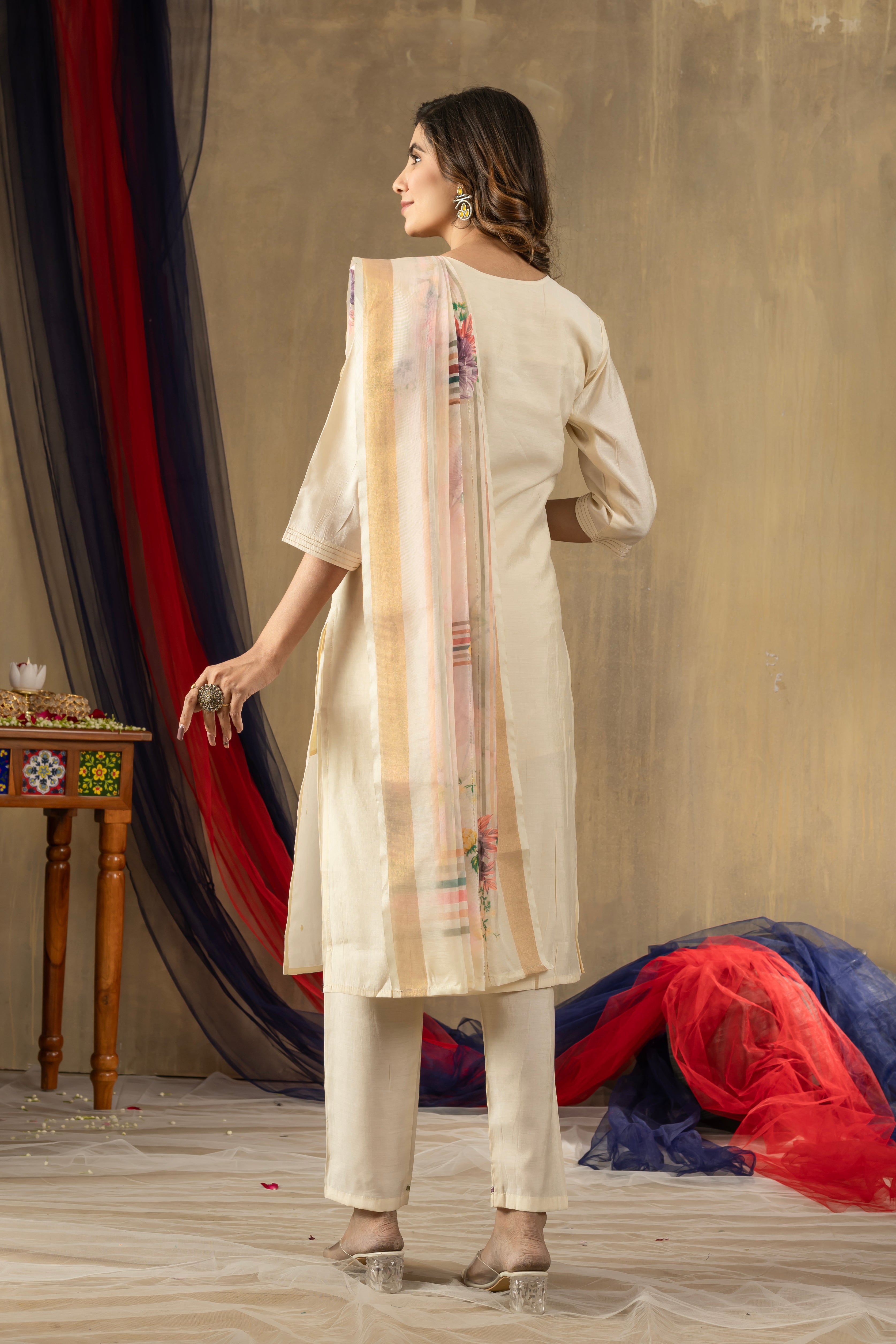Shimmer Gold Silk Embroidered Kurti Pant Dupatta Set – 3 Piece Ethnic Suit