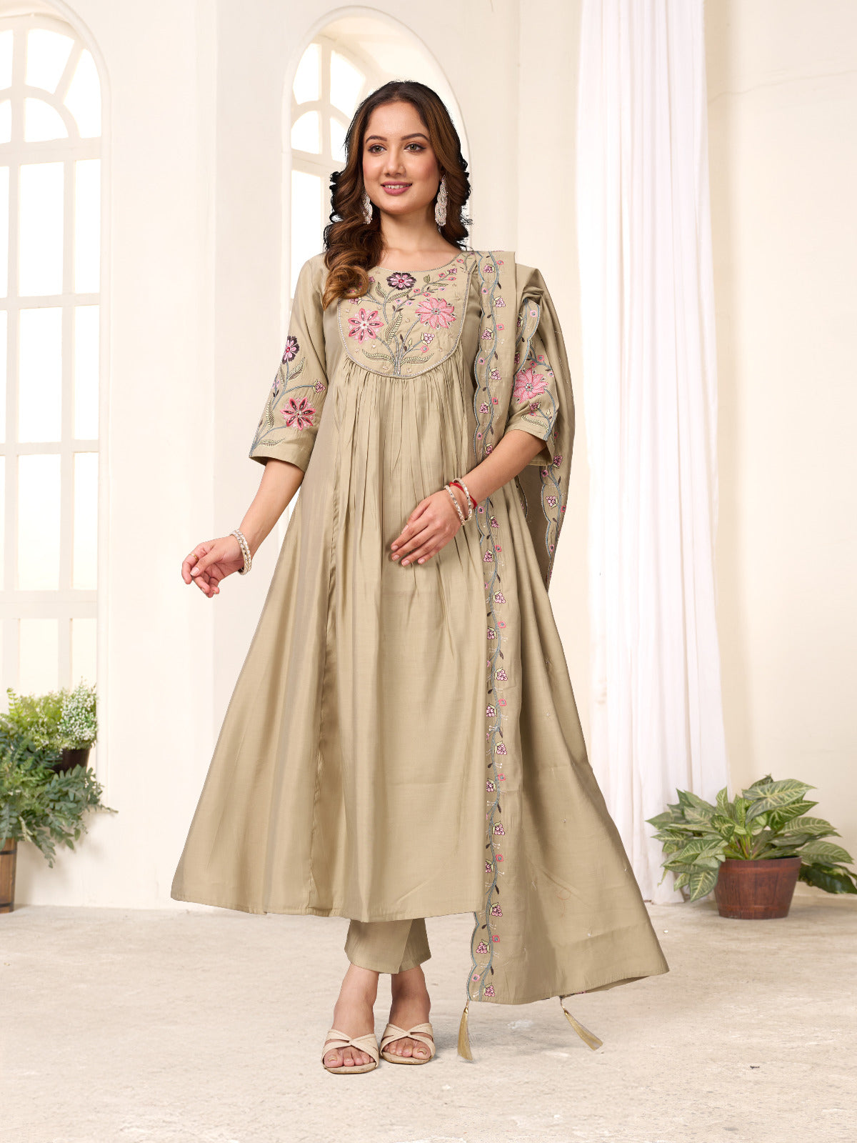 Royal Embroidered Anarkali Set – Premium Viscose Roman Silk