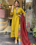Mustard Chanderi Viscose Embroidered A-Line Kurta Set with Pant & Dupatta