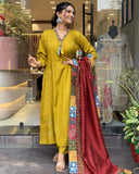 Mustard Chanderi Viscose Embroidered A-Line Kurta Set with Pant & Dupatta