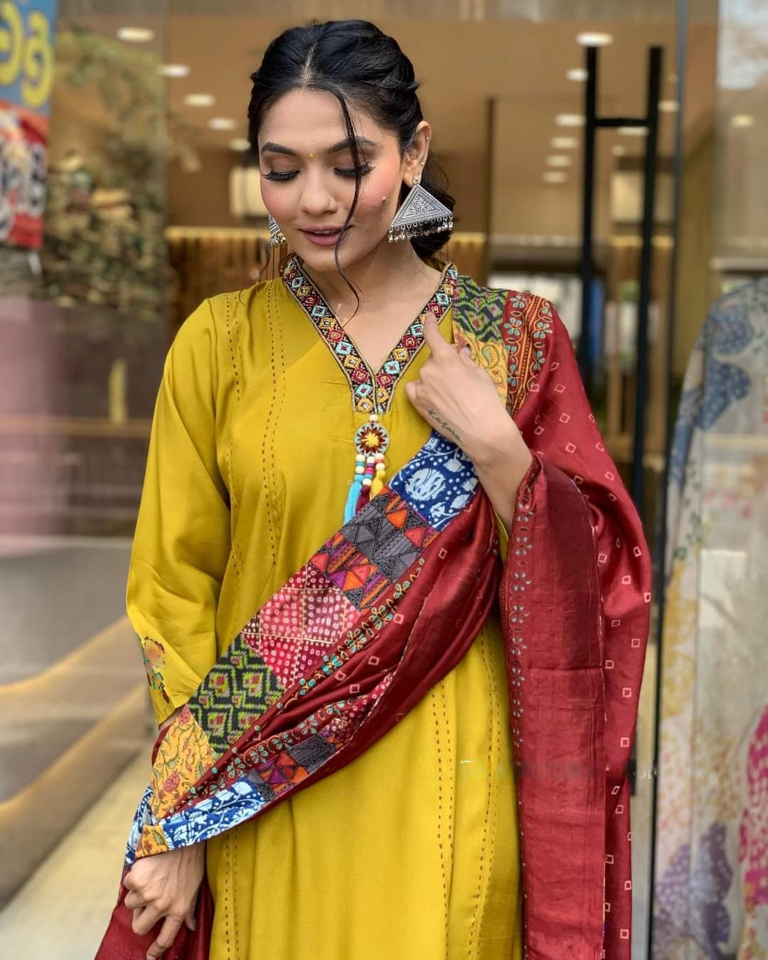 Mustard Chanderi Viscose Embroidered A-Line Kurta Set with Pant & Dupatta