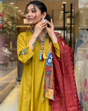 Mustard Chanderi Viscose Embroidered A-Line Kurta Set with Pant & Dupatta