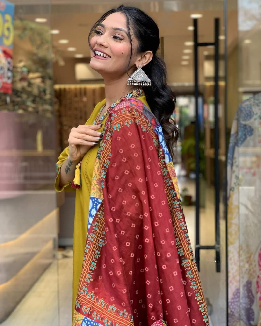 Mustard Chanderi Viscose Embroidered A-Line Kurta Set with Pant & Dupatta