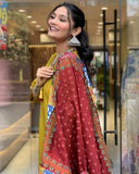 Mustard Chanderi Viscose Embroidered A-Line Kurta Set with Pant & Dupatta