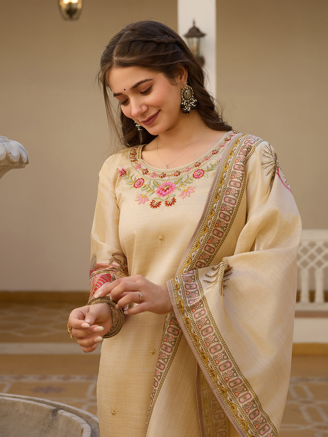 Viscose Assam Silk Embroidered Kurta Set with Printed Dupatta | Elegant Festive Wear