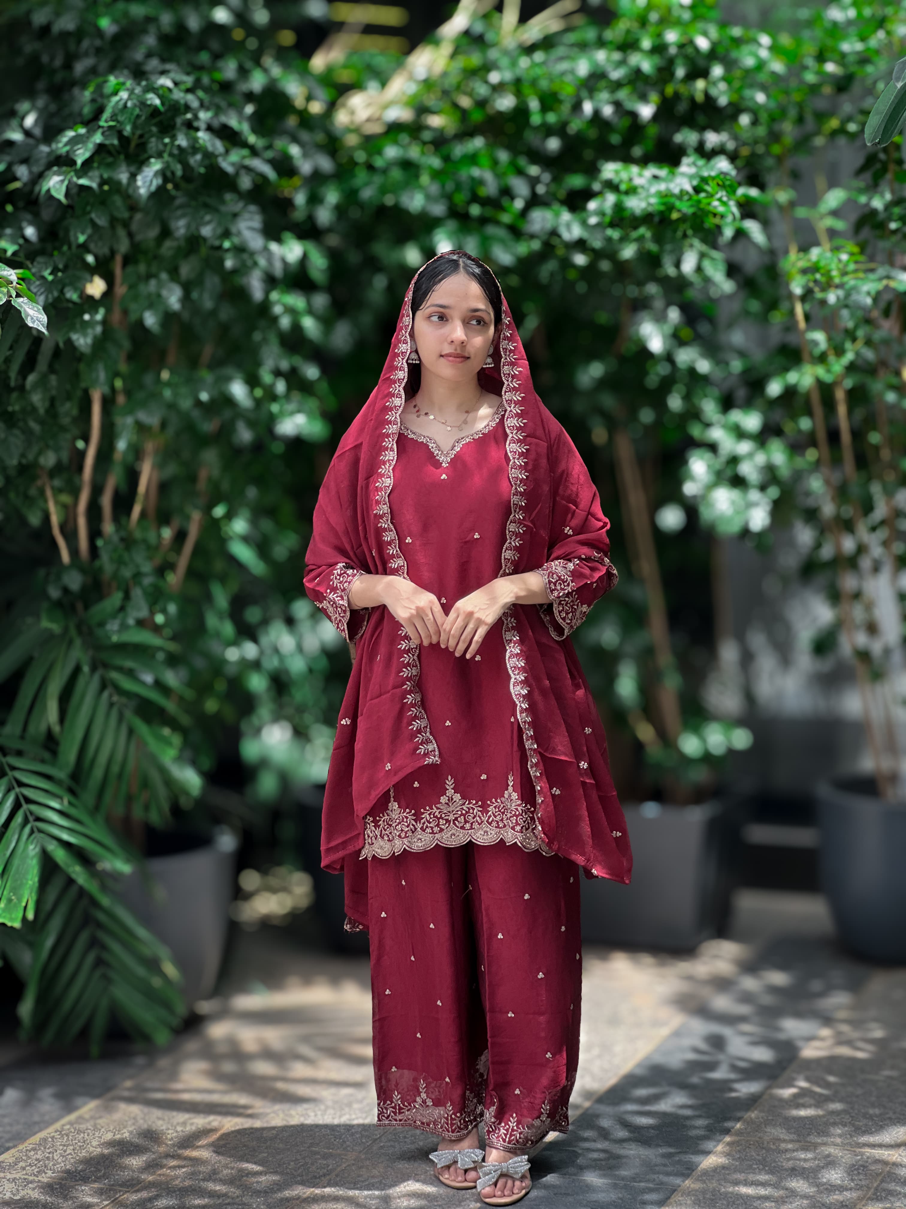 Sequence Embroidery Top with Palazzo & Dupatta Set
