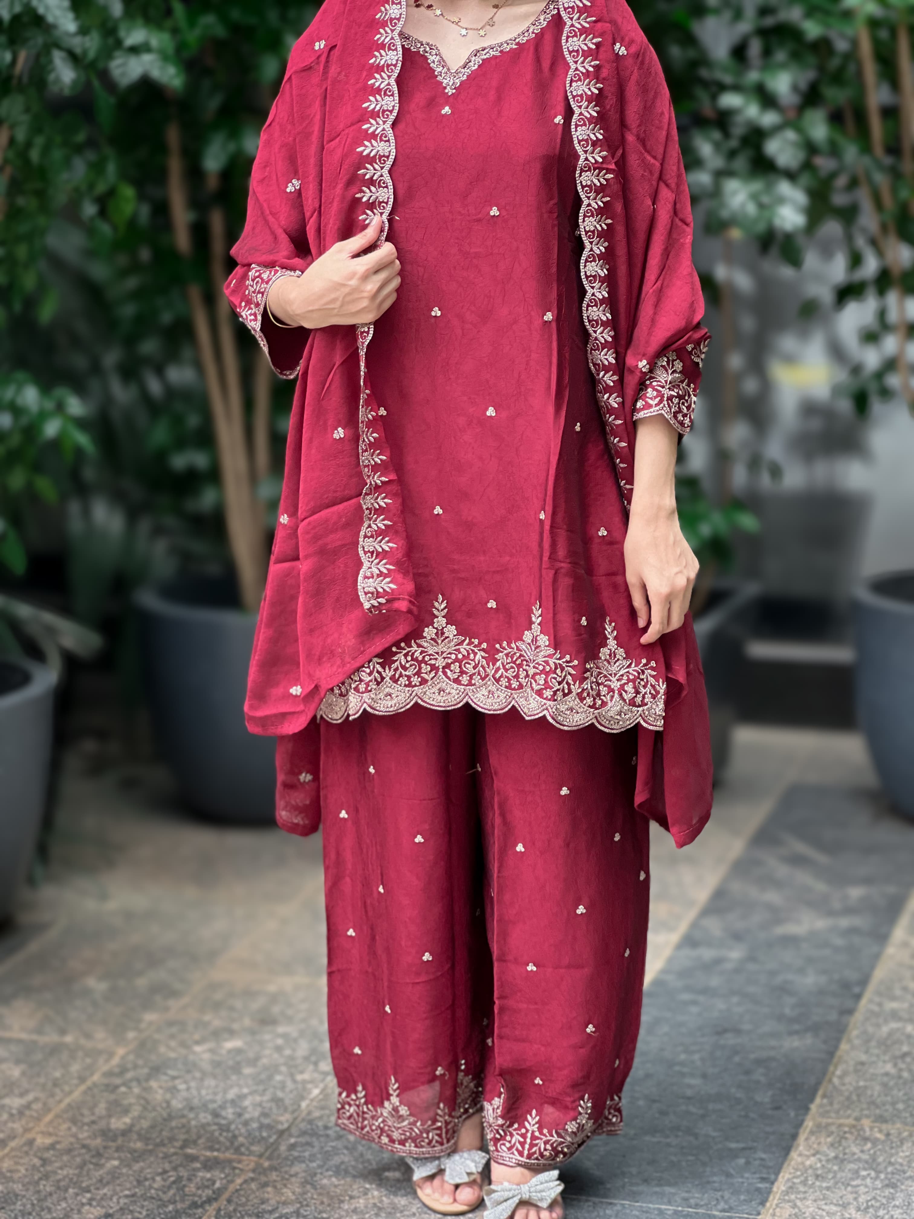 Sequence Embroidery Top with Palazzo & Dupatta Set
