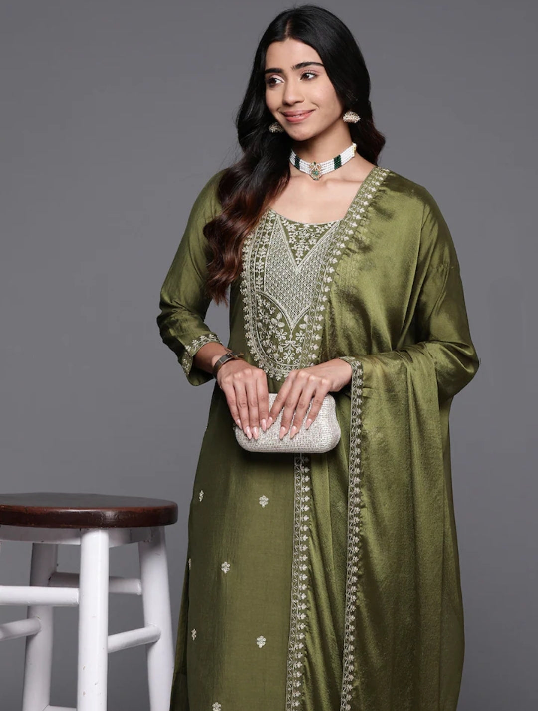 A-Line Viscose Chanderi Kurta Set with Chinon Dupatta