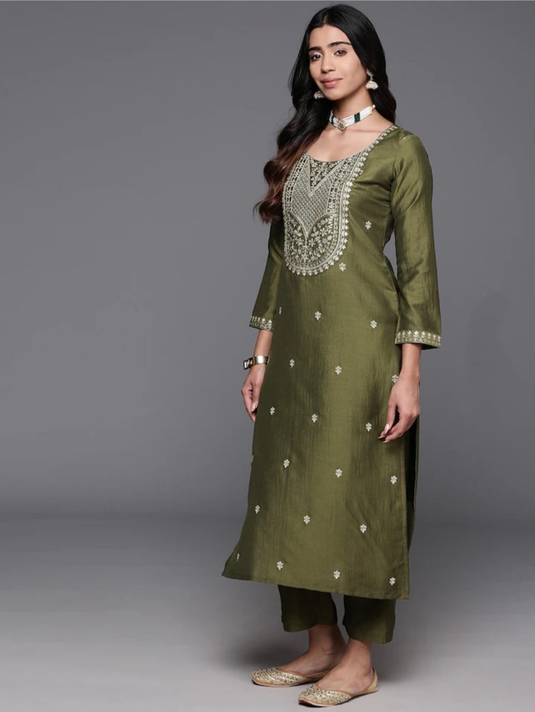 A-Line Viscose Chanderi Kurta Set with Chinon Dupatta