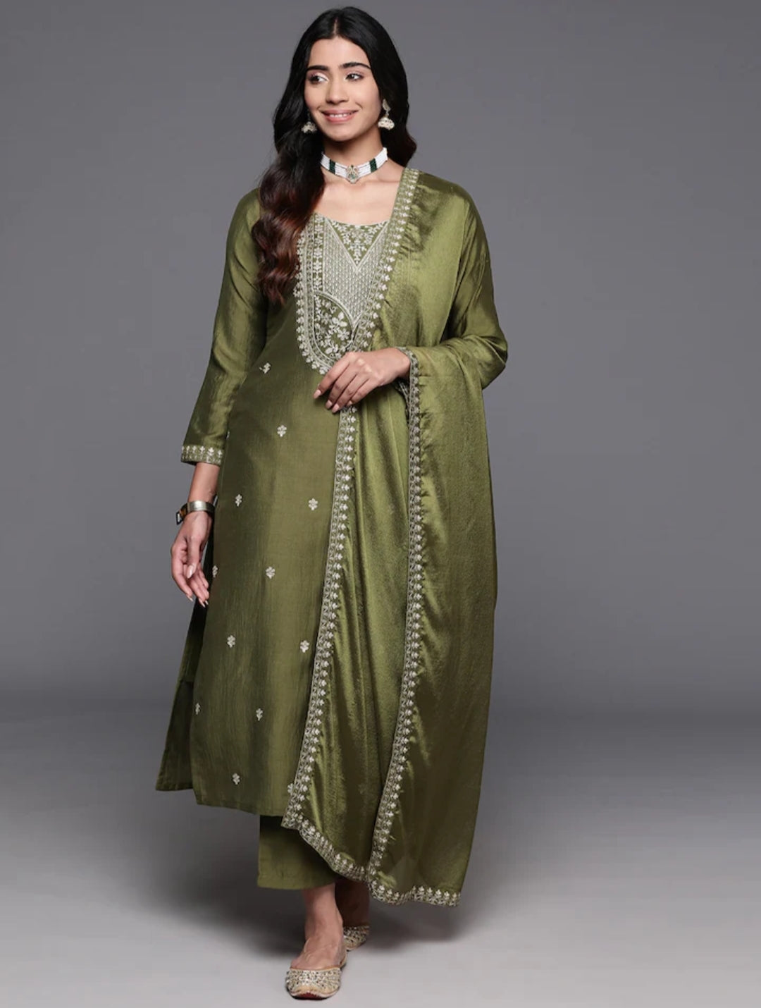 A-Line Viscose Chanderi Kurta Set with Chinon Dupatta