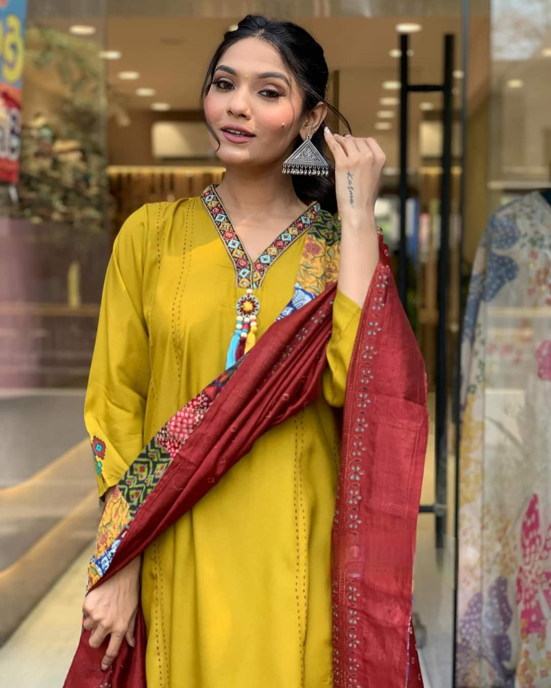 Mustard Chanderi Viscose Embroidered A-Line Kurta Set with Pant & Dupatta