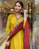 Mustard Chanderi Viscose Embroidered A-Line Kurta Set with Pant & Dupatta