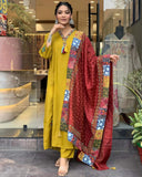 Mustard Chanderi Viscose Embroidered A-Line Kurta Set with Pant & Dupatta