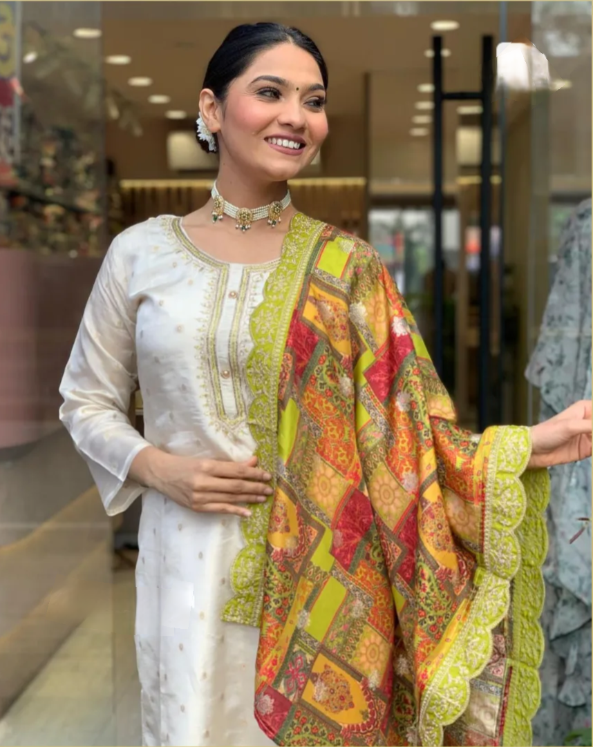 Jacquard Butti Embroidered Kurta Set with Viscose Pant & Crepe Dupatta