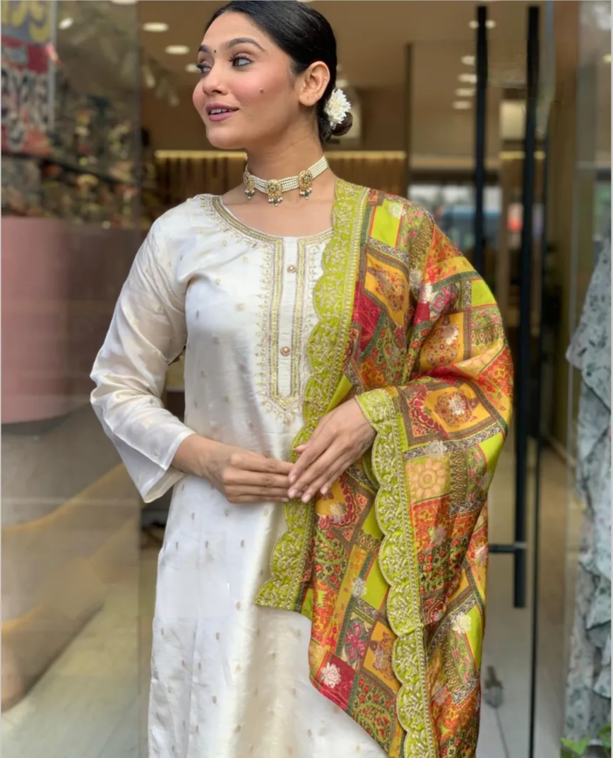 Jacquard Butti Embroidered Kurta Set with Viscose Pant & Crepe Dupatta