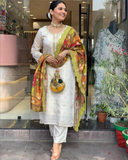 Jacquard Butti Embroidered Kurta Set with Viscose Pant & Crepe Dupatta