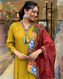 Mustard Chanderi Viscose Embroidered A-Line Kurta Set with Pant & Dupatta