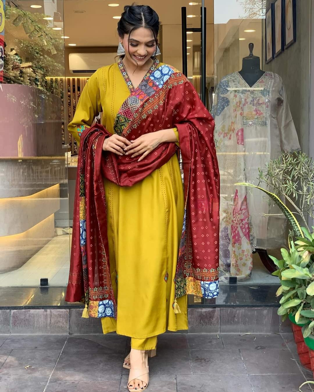 Mustard Chanderi Viscose Embroidered A-Line Kurta Set with Pant & Dupatta