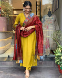 Mustard Chanderi Viscose Embroidered A-Line Kurta Set with Pant & Dupatta