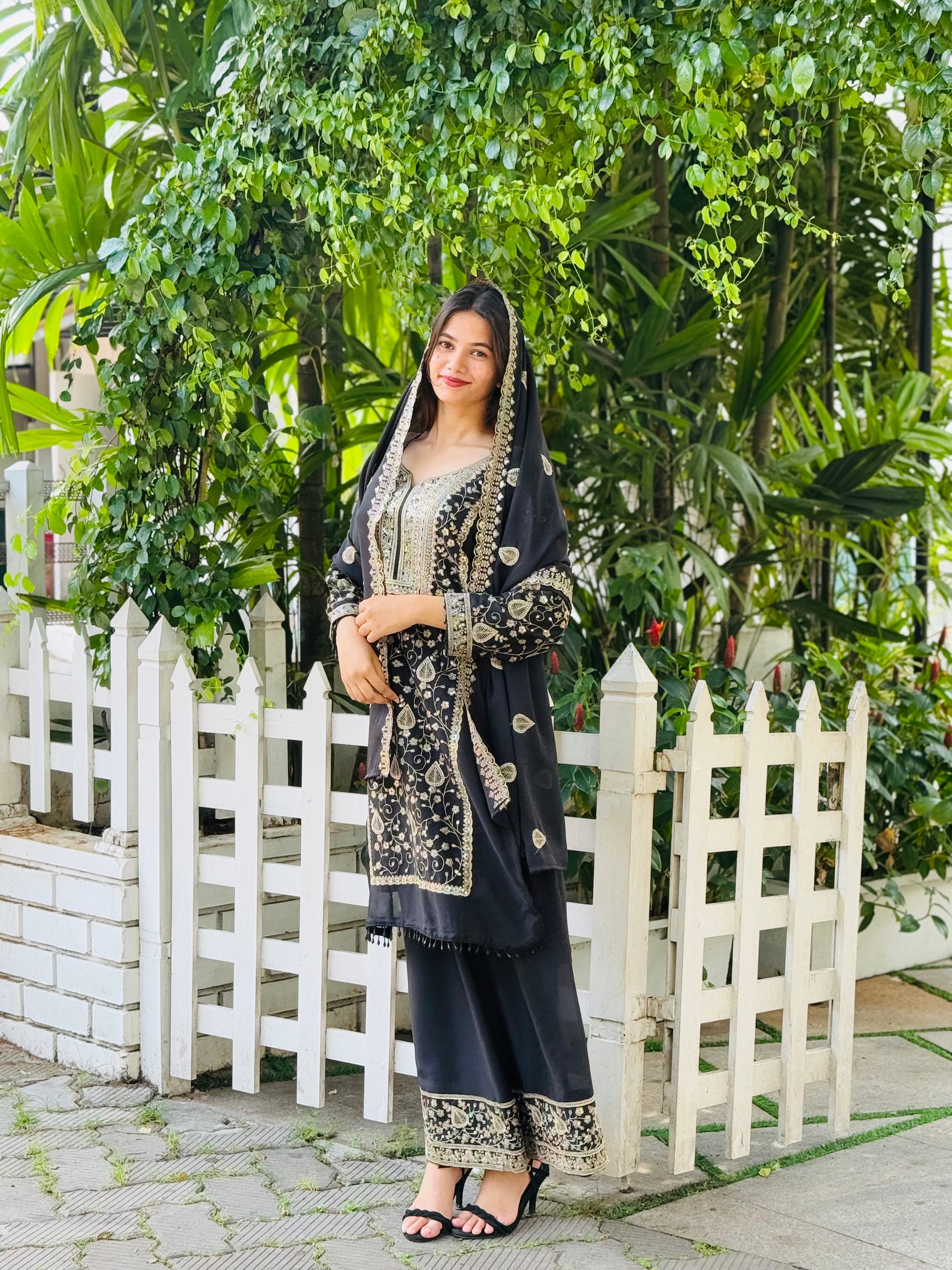 Embroidery on Star Fox Georgette Top with Palazzo & Dupatta