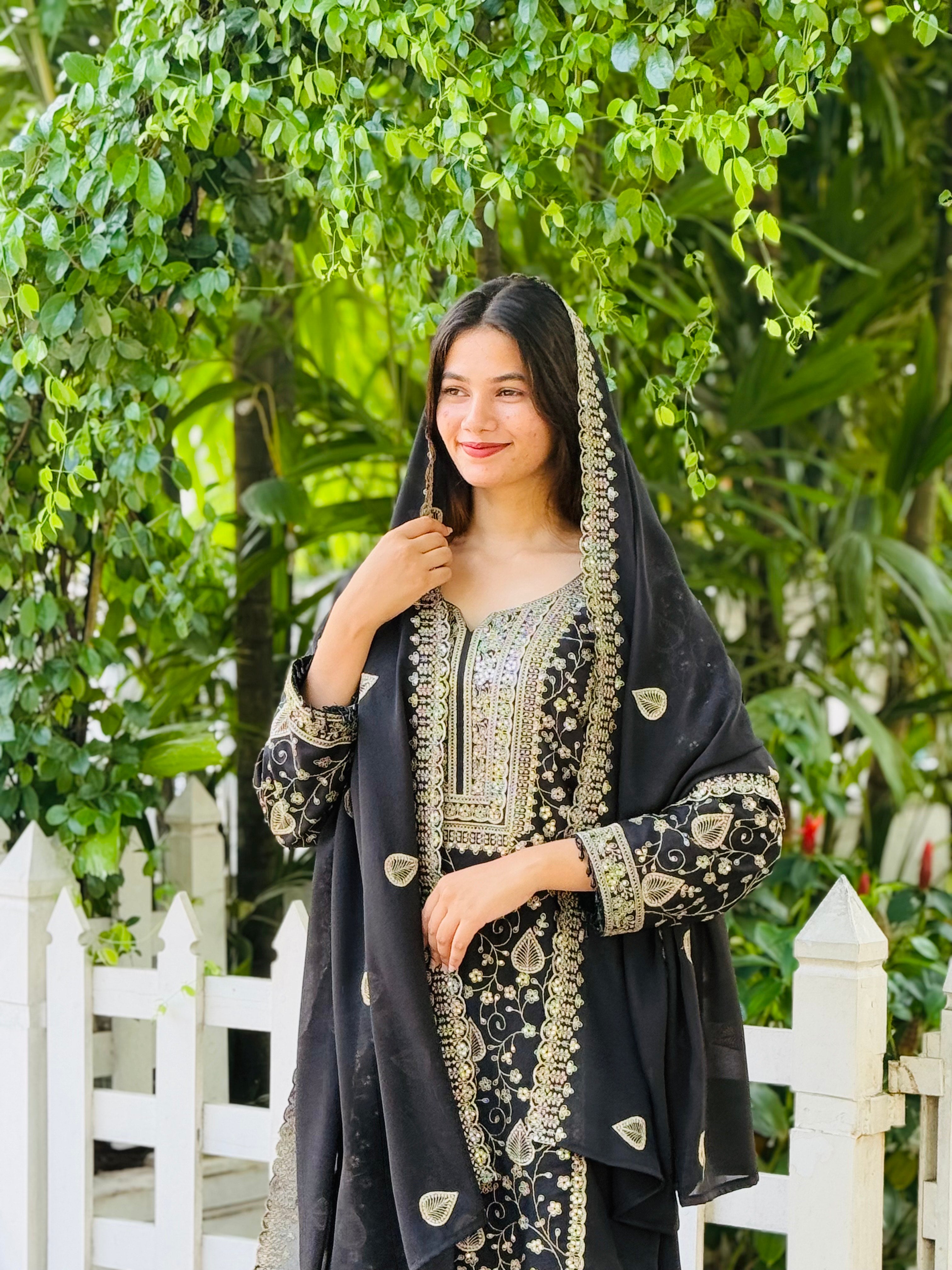 Embroidery on Star Fox Georgette Top with Palazzo & Dupatta