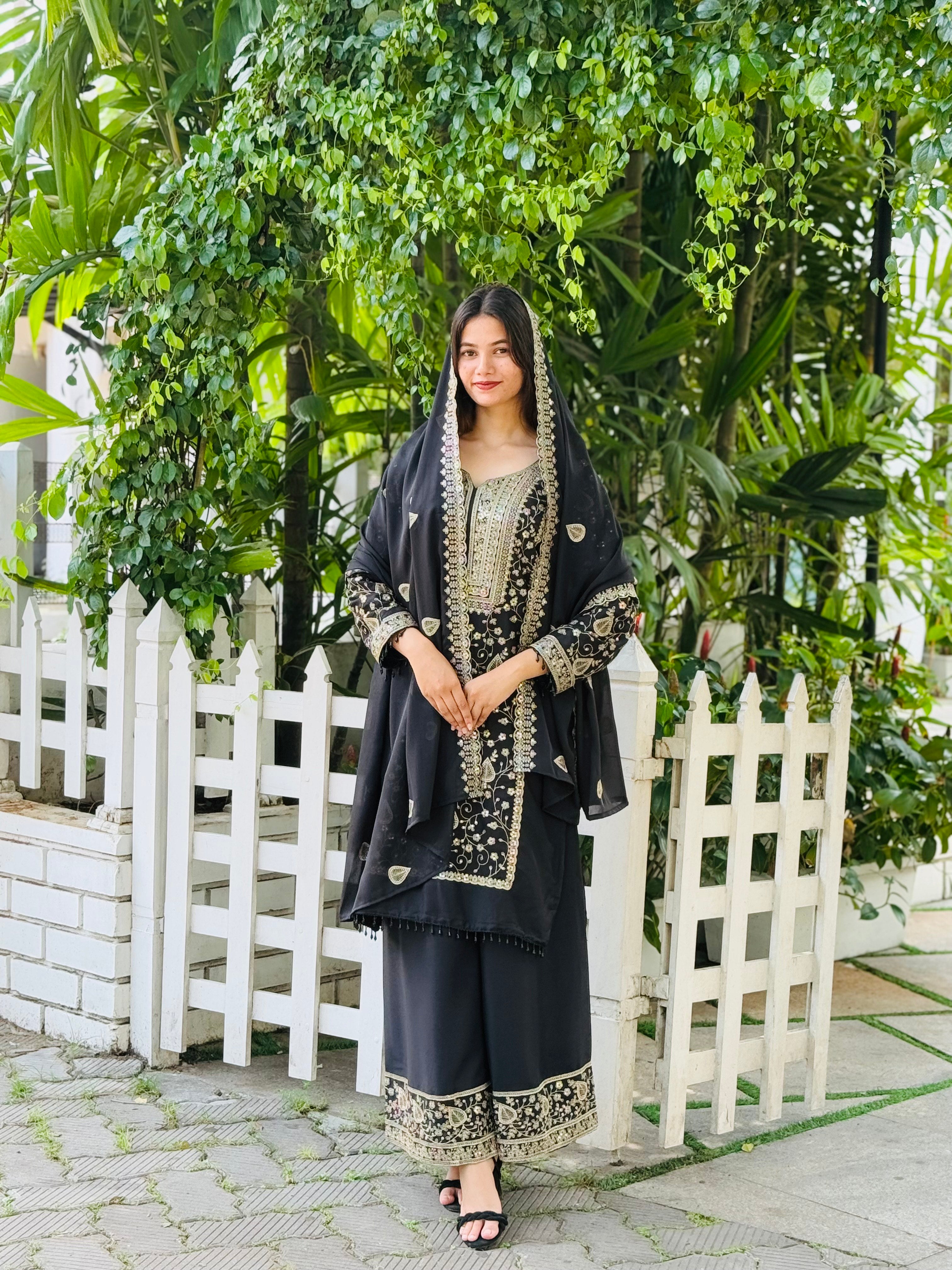 Embroidery on Star Fox Georgette Top with Palazzo & Dupatta
