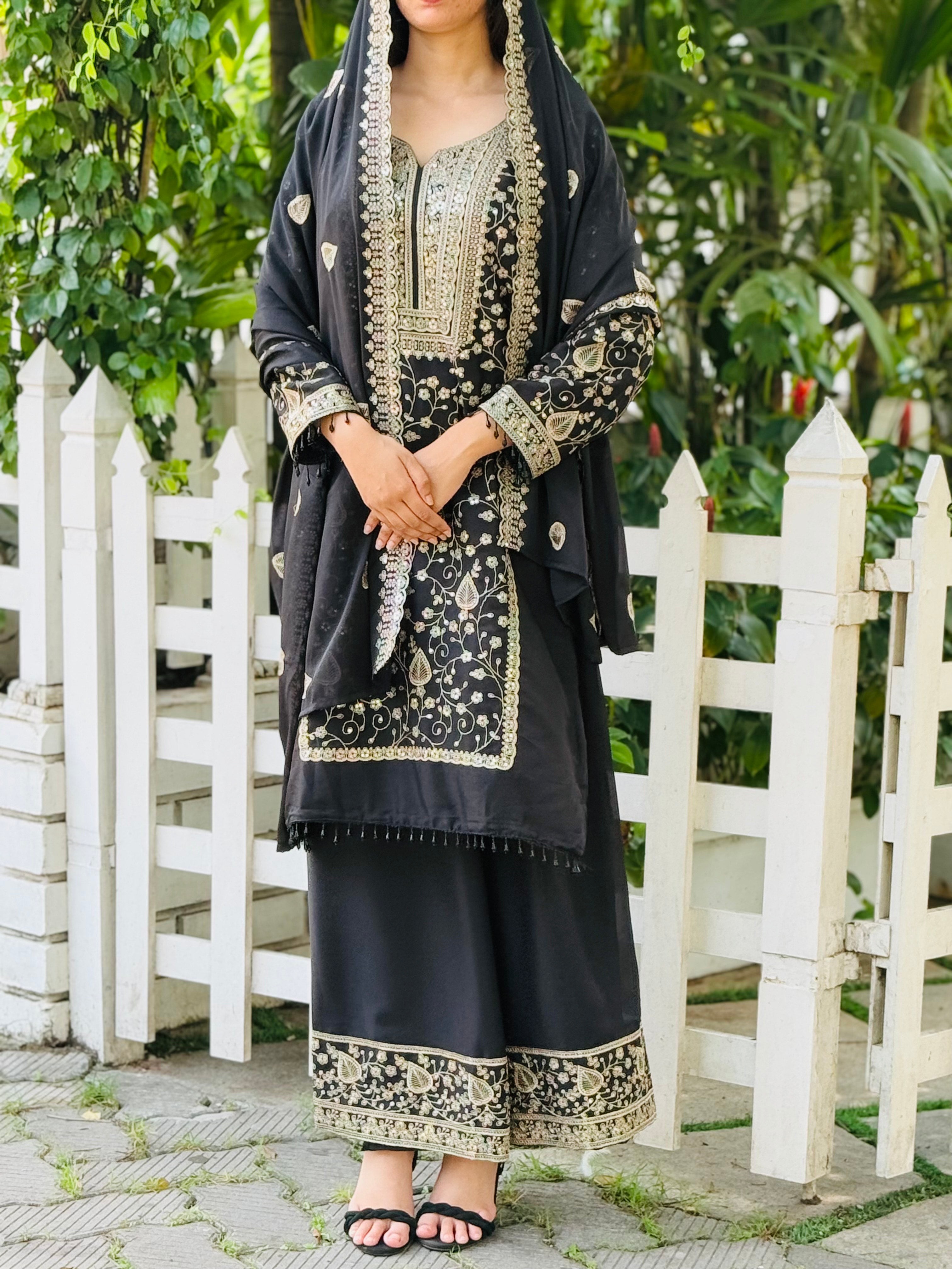 Embroidery on Star Fox Georgette Top with Palazzo & Dupatta