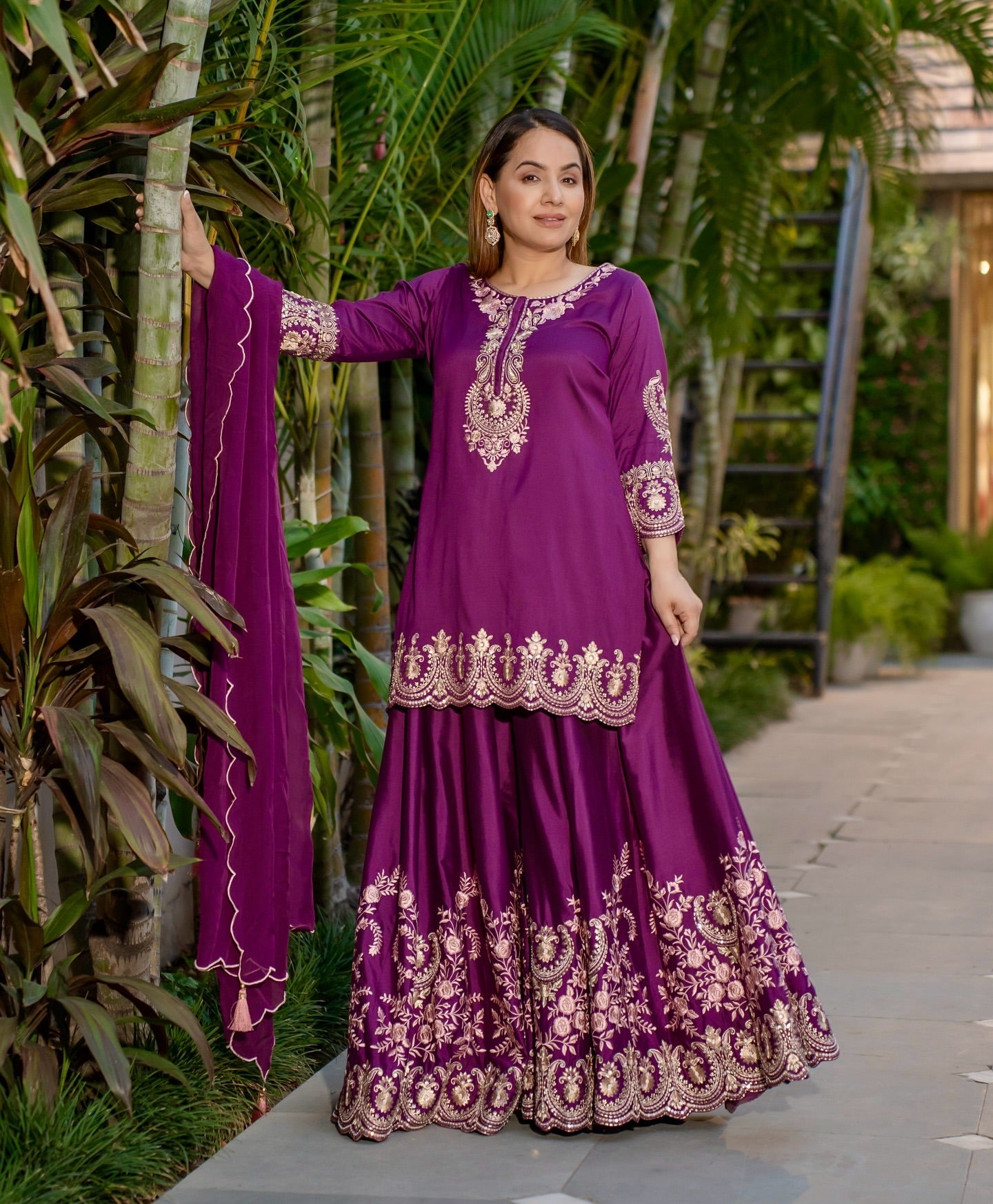 Function Wear Heavy Work Purple Color Sharara Suit