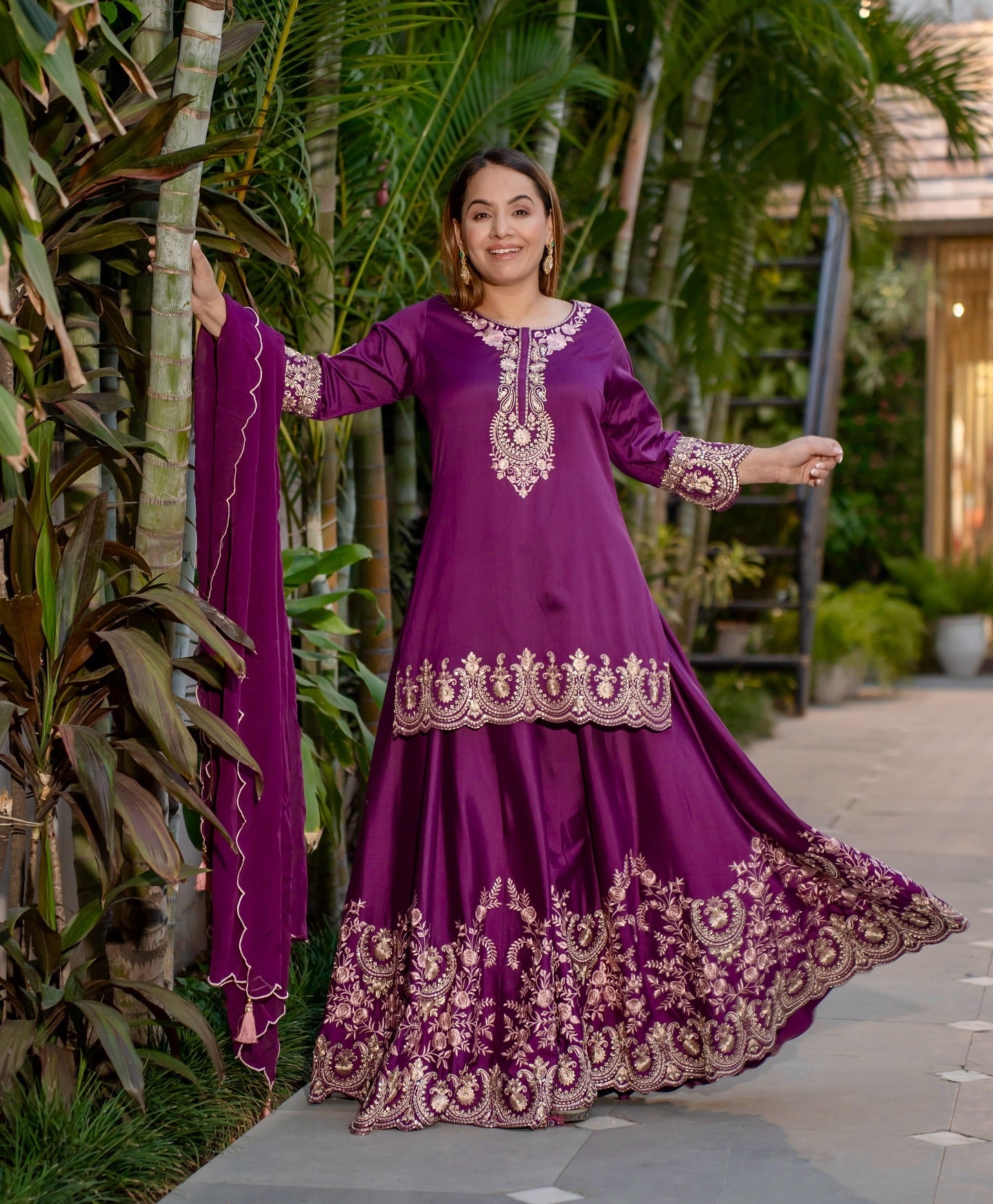 Function Wear Heavy Work Purple Color Sharara Suit