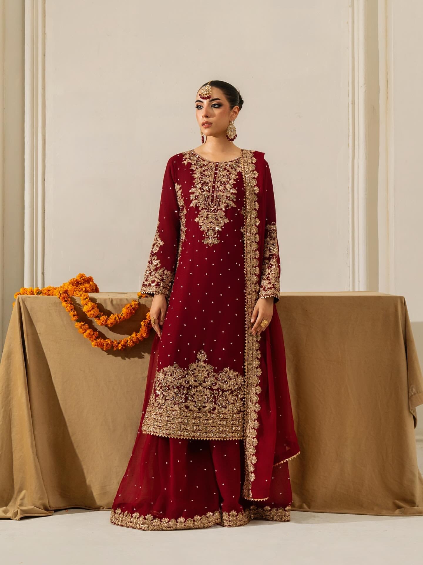 Women's Georgette Heavy Embroidered Round Neck Long Sleeve Calf Length Long Green Kurta With Palazzo And Dupatta