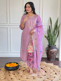 Women’s Embroidered Chanderi Kurti with Pant & Jacquard Butti Dupatta Set