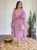Women’s Embroidered Chanderi Kurti with Pant & Jacquard Butti Dupatta Set
