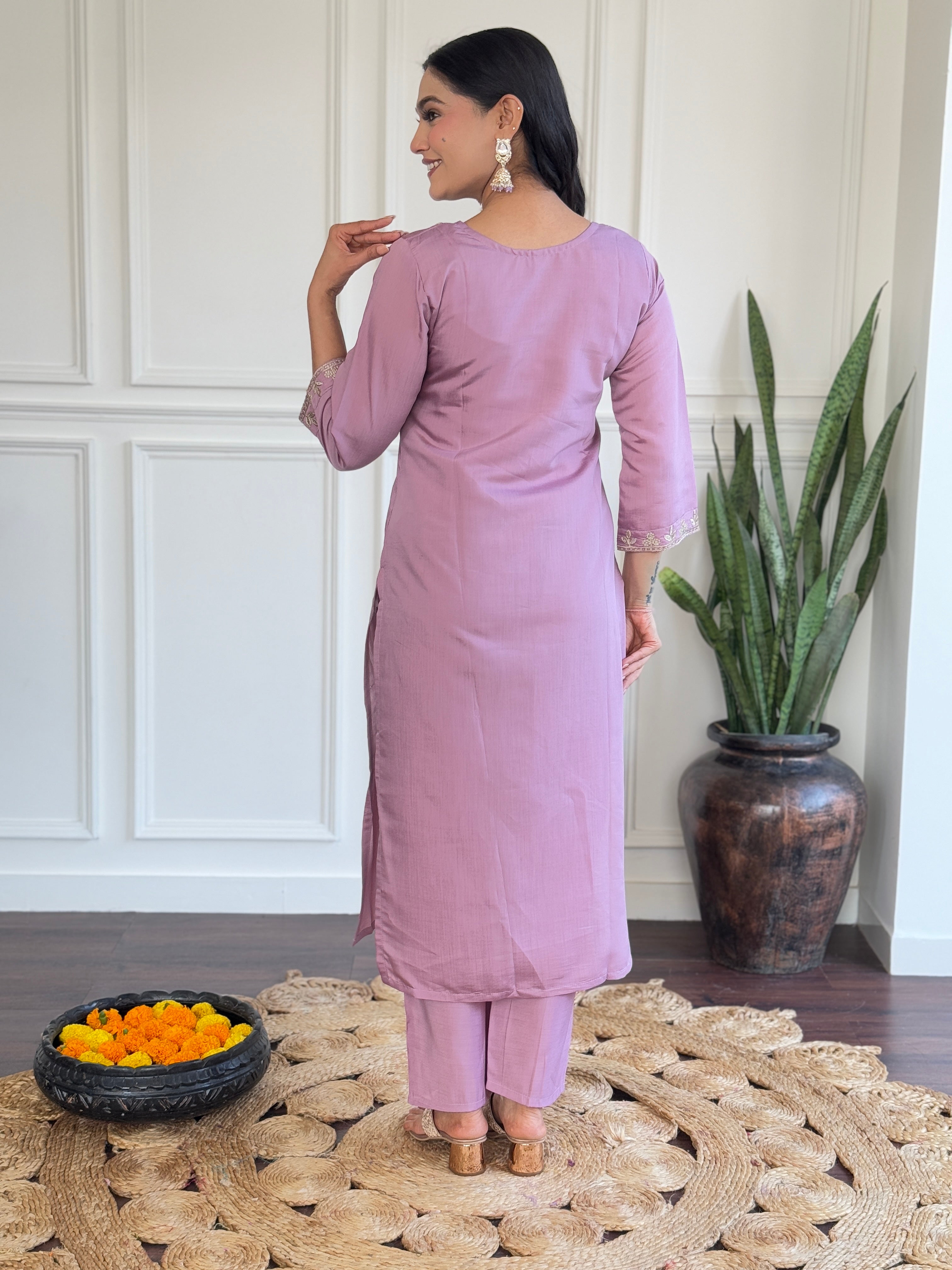 Women’s Embroidered Chanderi Kurti with Pant & Jacquard Butti Dupatta Set