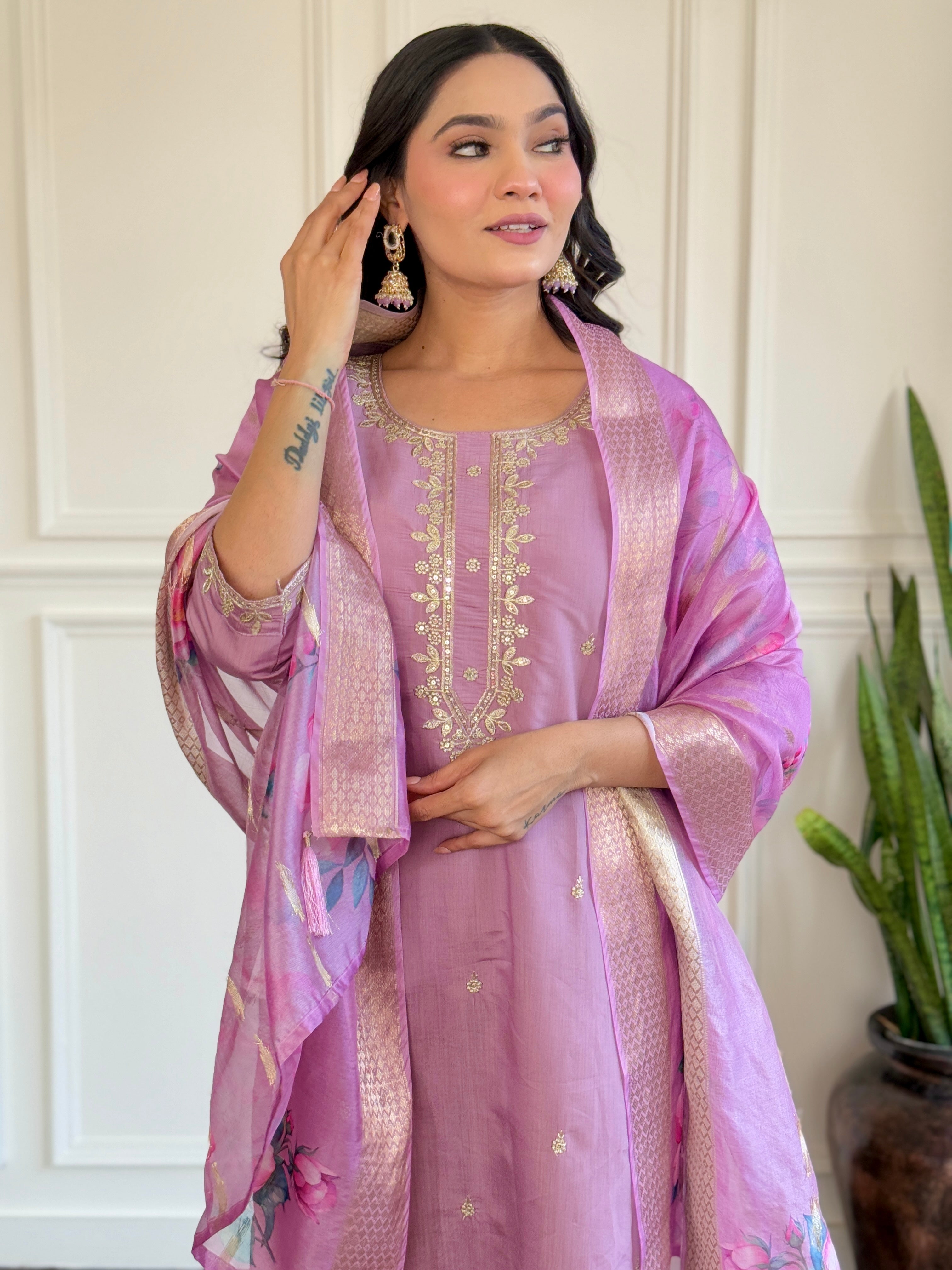 Women’s Embroidered Chanderi Kurti with Pant & Jacquard Butti Dupatta Set